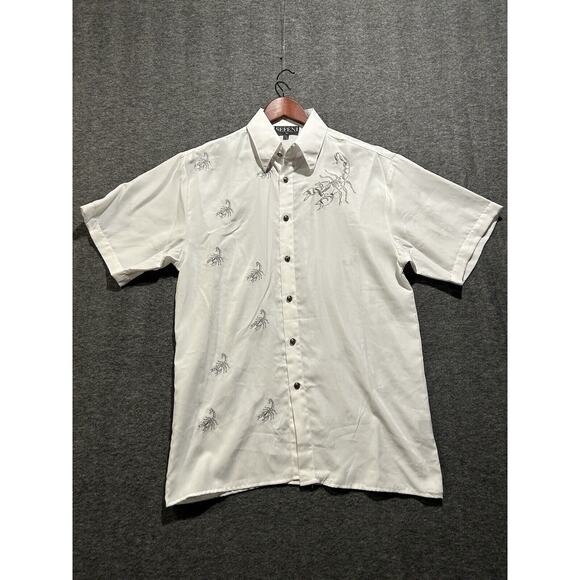 Sefeni Scorpion Embroidered‎ Button Down Shirt White Metal Buttons Men’s Medium - Picture 1 of 11